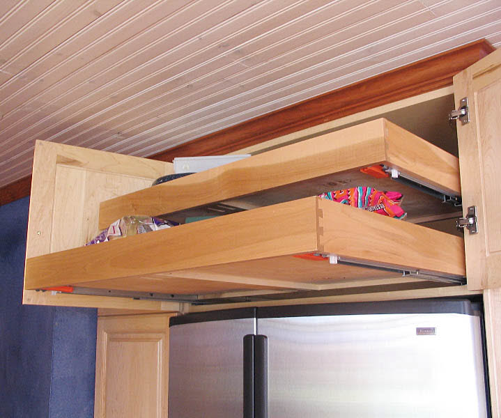 Upper Cabinet, Over Refrigerator, Roll-Out Trays, Undermount Drawer Tracks